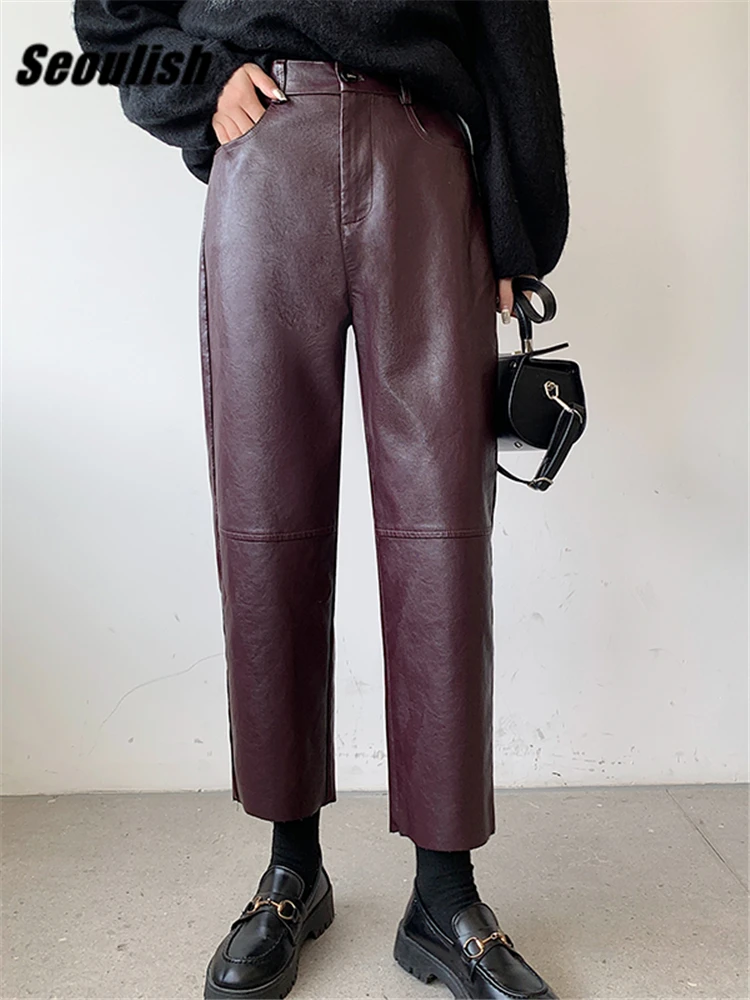 Seoulish Autumn Winter PU Faux Leather Women's Wide Leg Pants High Waist Female Casual Loose Ankle Length Trousers 2023 New - Image 3