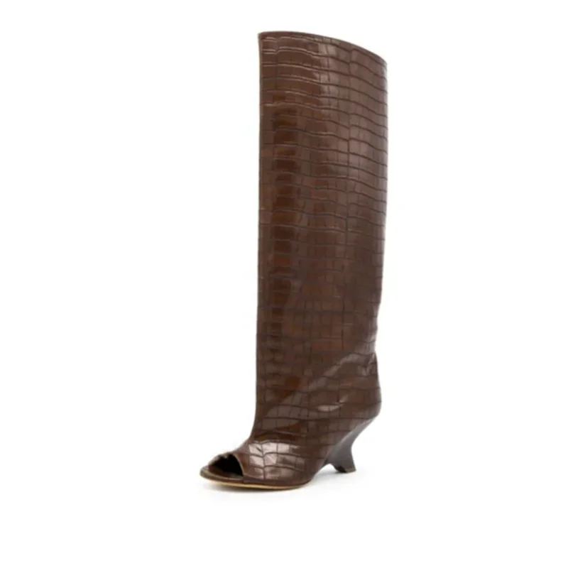2025 High-quality Peep Toe Women's Knee High Boots Round Toe Wedges Suede Woman Long Boots Party Wedding Versatile Female Shoes - Image 7