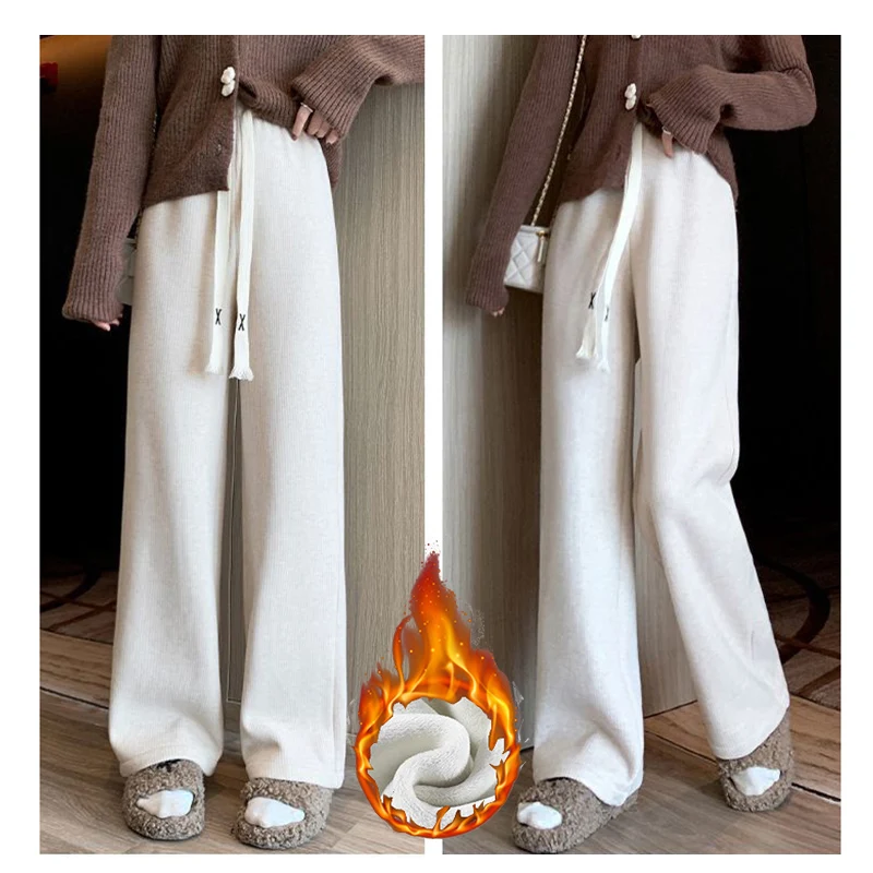 Winter Lady High Waisted Fleece Pants Girls Warm Thermal Straight Leg Trousers Female Classic Solid Drawstring Pants - Image 8