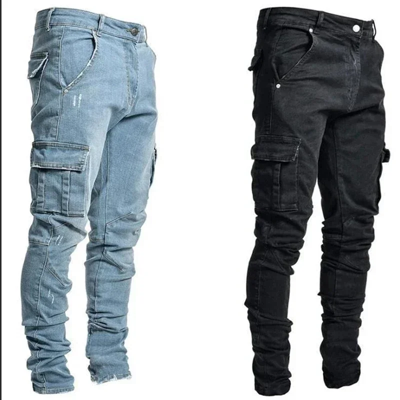 Men Street Elastic Denim Jeans Wash Solid Color Multi Pockets Cargo Pants Casual Slim Fit Daily Wear Joggers Mid Waist Trousers - Image 3