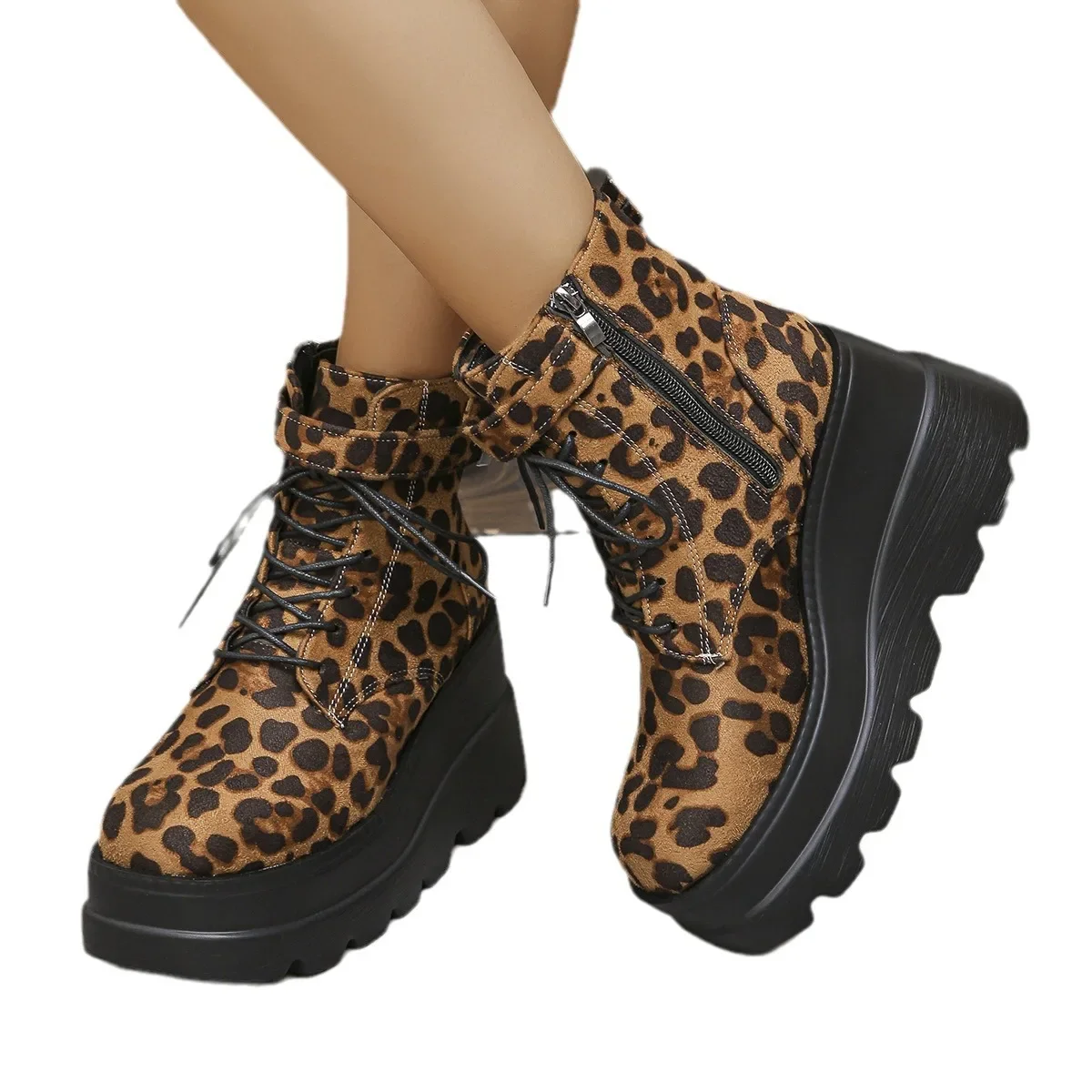 2024 Ladies Shoes Large Size Ankle Women's Boots High Heel Modern Boots Women Leopard Side Zip Front Lace-up Wedge Female Shoes - Image 7