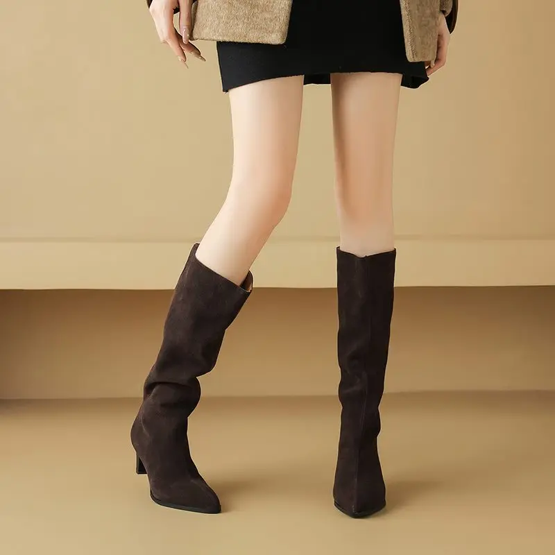 MORAZORA Size 34-43 Cow Suede Leather Knee High Boots Women Autumn Winter High Heels Fashion Boots Pointed Toe Ladies Shoes - Image 8