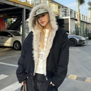 American Retro Fur Collar Hooded Jacket Women Y2K Streetwear Winter New Velvet Thickened Warm Harajuku Loose Casual Jacket