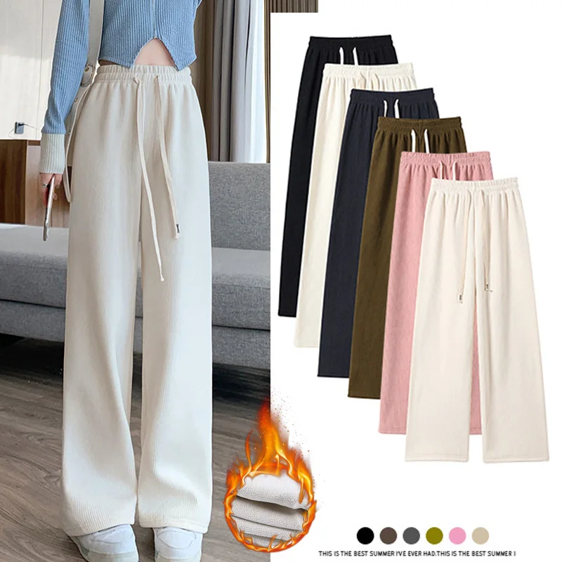 Winter Women Fleece Wide Leg Long Pants Thicken Warm Winter Stright Long Elastic Waist Trousers Casual Loose Female Botton Pants - Image 9