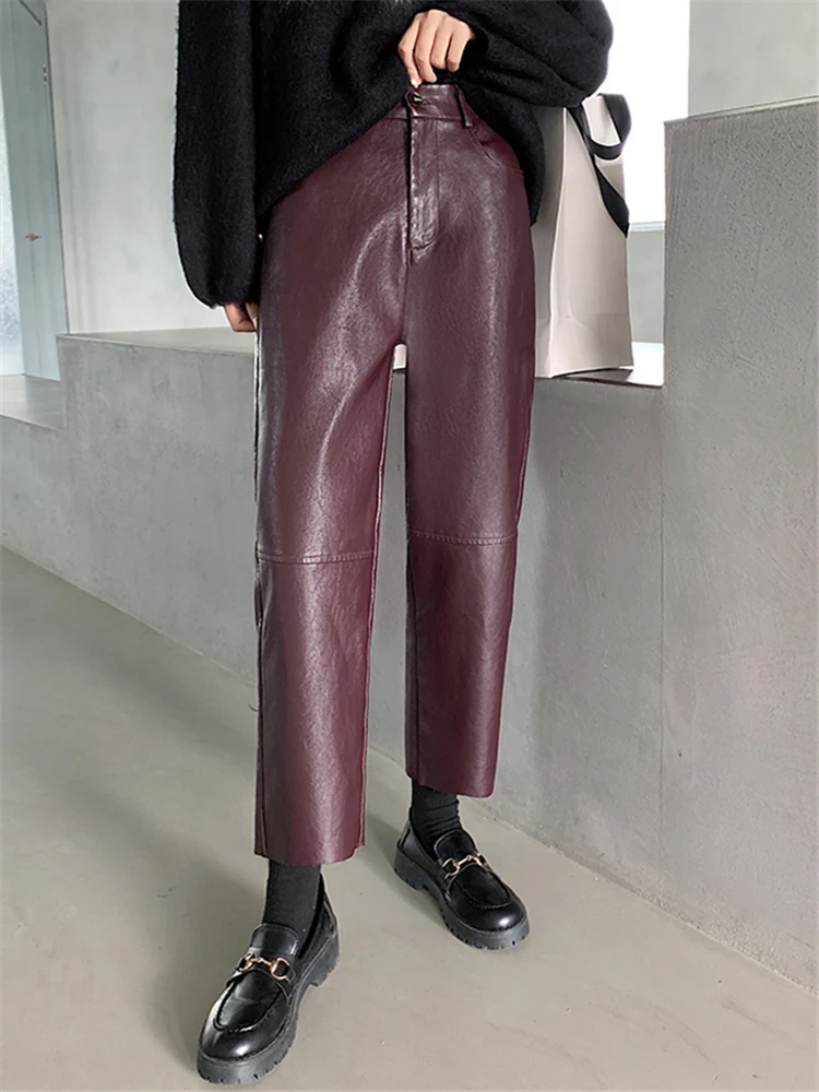 Seoulish Autumn Winter PU Faux Leather Women's Wide Leg Pants High Waist Female Casual Loose Ankle Length Trousers 2023 New - Image 7