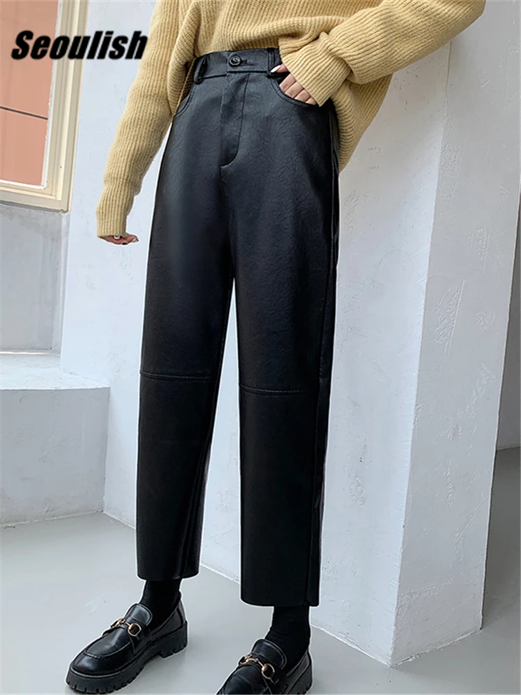 Seoulish Autumn Winter PU Faux Leather Women's Wide Leg Pants High Waist Female Casual Loose Ankle Length Trousers 2023 New - Image 5