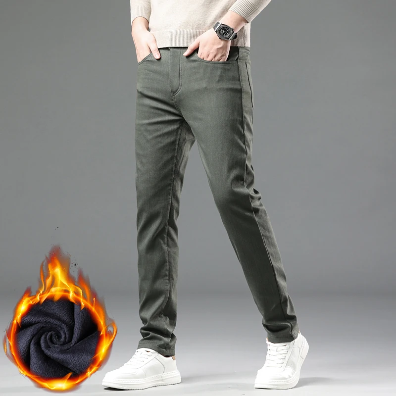 Winter New 2025 Fleece Pants Men's Thick Slim Elastic Business Casual Velvet Pants Warm Fashion Solid Color Plush Trousers Male - Image 5
