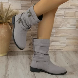 2024 Fashion Women Denim Round Toe Turkey Boots Femme Buckle Decor Midi High Ankle Boots Party Workwear Party Shoes Korean