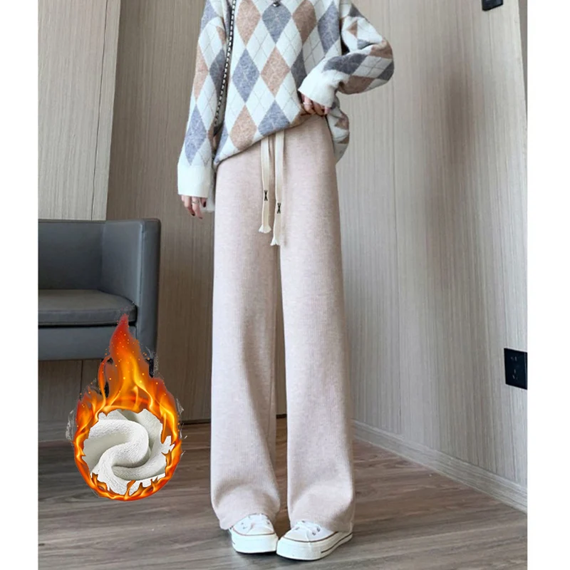 Winter Lady High Waisted Fleece Pants Girls Warm Thermal Straight Leg Trousers Female Classic Solid Drawstring Pants - Image 2