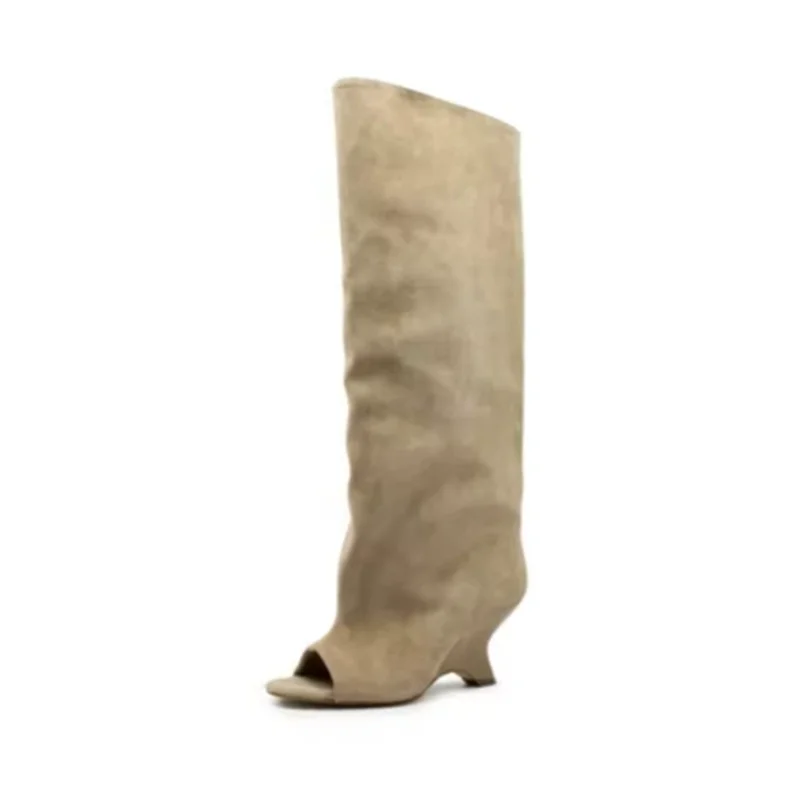 2025 High-quality Peep Toe Women's Knee High Boots Round Toe Wedges Suede Woman Long Boots Party Wedding Versatile Female Shoes - Image 5