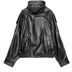 Faux Leather Stand Collar Bomber Jacket Women Locomotive Epaulet Slant Opening Ruched Coats Fashion Autumn Winter Lady Outerwear