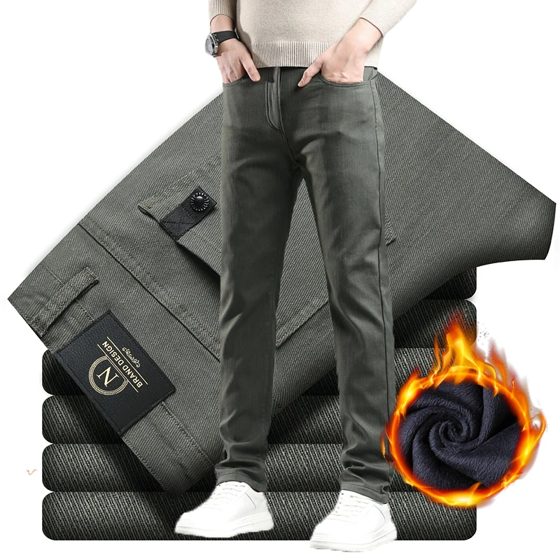 Winter New 2025 Fleece Pants Men's Thick Slim Elastic Business Casual Velvet Pants Warm Fashion Solid Color Plush Trousers Male - Image 4