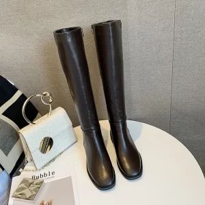2024 Winter Cotton Women Knee High Boots Fashion Zippers Ladies Elegant Low Heel Long Booties Soft Leather Women's Footwear