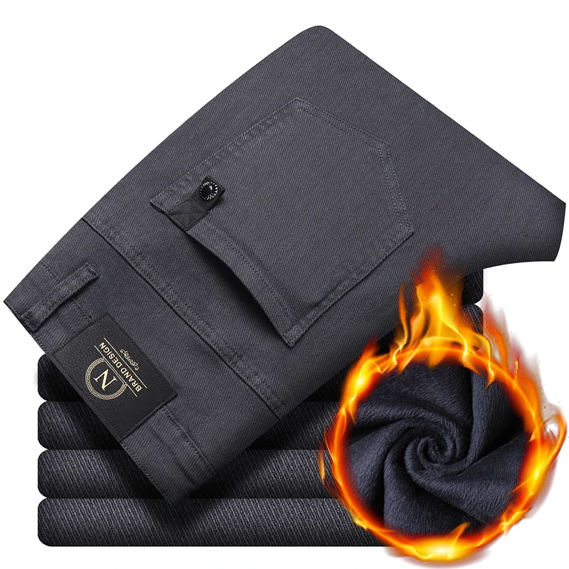 Winter New 2025 Fleece Pants Men's Thick Slim Elastic Business Casual Velvet Pants Warm Fashion Solid Color Plush Trousers Male - Image 3