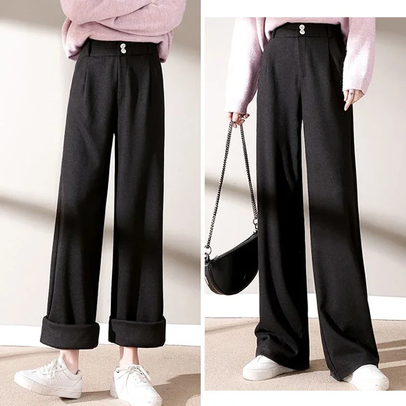 Autumn Winter Girls Comfortable Woolen Pants Female Narrow Straight Leg Trousers Lady Classic Fashion Thicken High Waisted Pants - Image 10