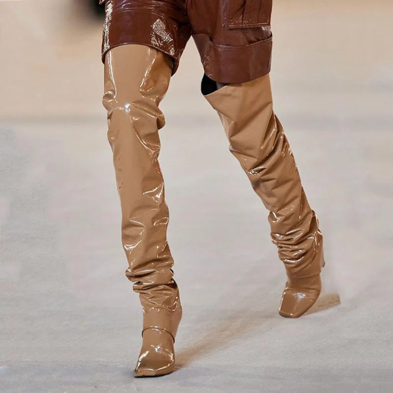 Arden Furtado Brown Patent Leather Tapered heel Over the knee boots Square-head Pleated Slip-on Fashion high heel Knight boots - Image 6