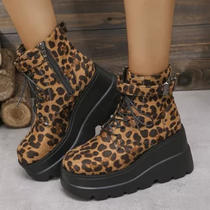 2024 Ladies Shoes Large Size Ankle Women's Boots High Heel Modern Boots Women Leopard Side Zip Front Lace-up Wedge Female Shoes