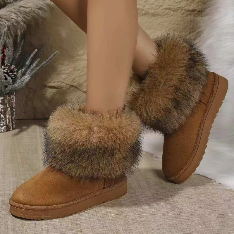 Winter New Round Head Flat with Warm and Comfortable Non-slip Snow Boots Suede Muffin Bottom Short Tube Wool Cotton Boots - Image 7