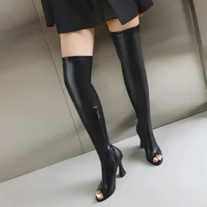 2024 Elastic Black Leather Over Knee Boots 33-46 Fish Mouth Open Toe Side Zipper Summer Boot 8cm/10cm Slim Heel Motorcycle Boots