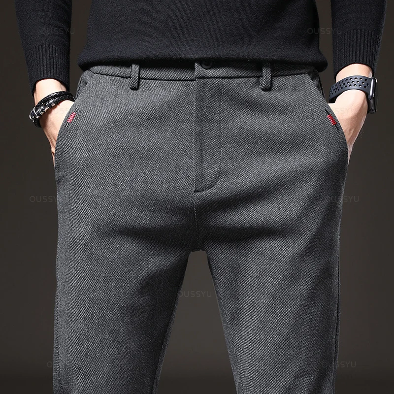 Autumn Men's Casual Pants Business Fashion Elastic Waist Slim Fit Stretch Thick Gray Black Cotton Trousers Male - Image 2