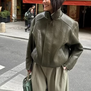 Women's Solid Vintage Leather Short Jackets Lapel Full Sleeve Zipper Pocket Coat 2025 New Lady Daily Chic High Street Outerwears
