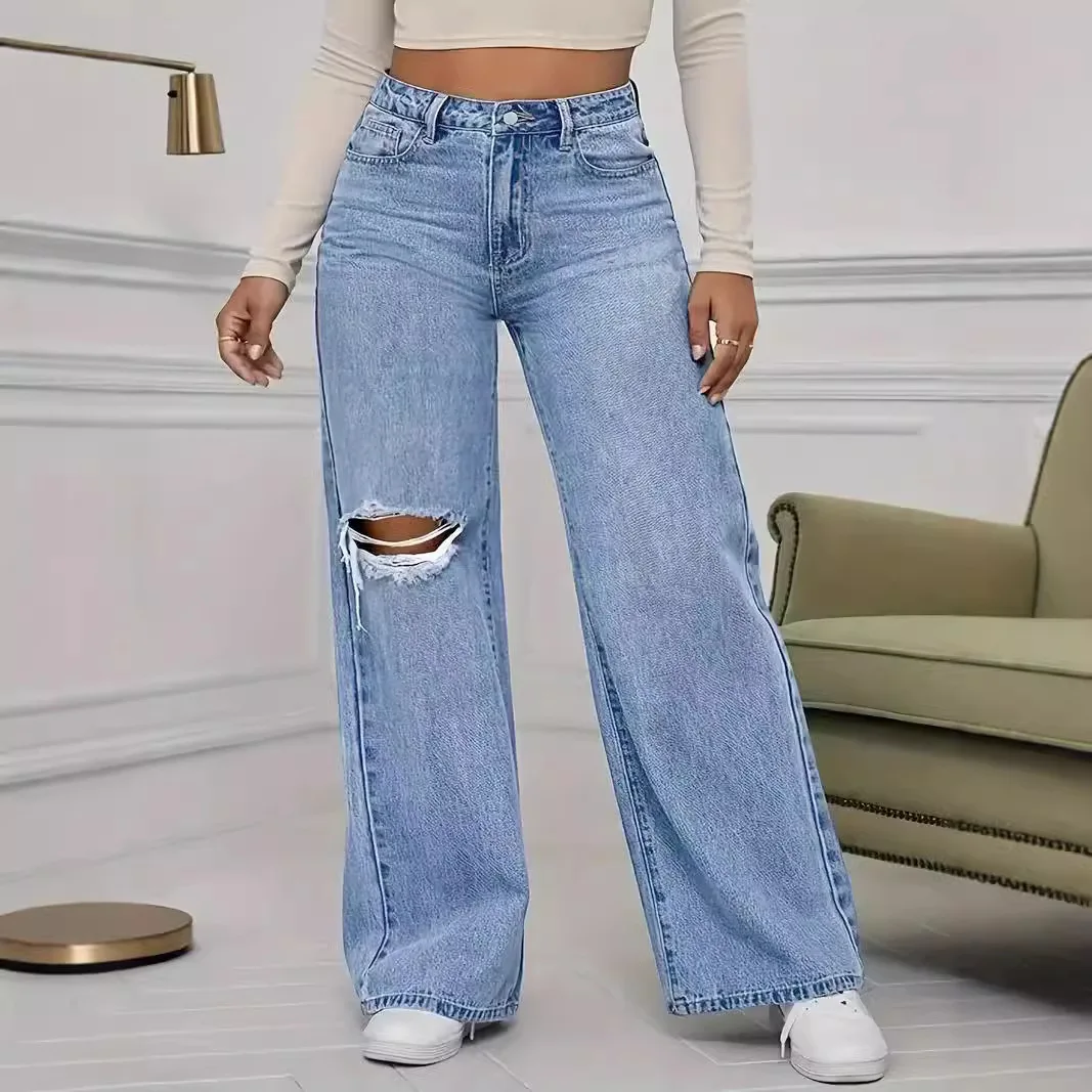 Washed Personality Hole Loose High Waist Denim Wide-leg Pants,Women's Four Seasons New Classic Fashion Casual Floor-length Jeans - Image 4