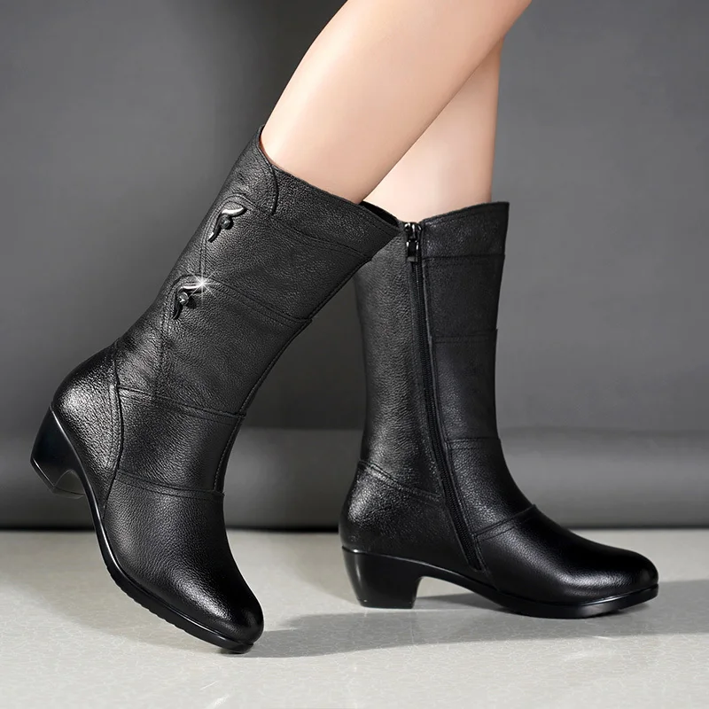 New Winter Elegant Fashion Chunky Mid-calf Boots Round Head Sexy Comfortable Side Zipper Fashion Women's Knight Boots - Image 7
