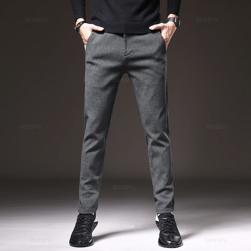 Autumn Men's Casual Pants Business Fashion Elastic Waist Slim Fit Stretch Thick Gray Black Cotton Trousers Male - Image 5