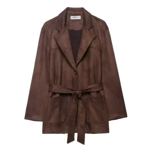 2025 Autumn Women's Casual Fashion Coat Simple Retro Slim Fit With Belt Lapel Long Sleeve Suede Effect Jacket Elegant Outerwear
