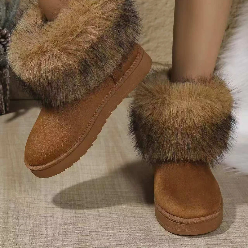 Winter New Round Head Flat with Warm and Comfortable Non-slip Snow Boots Suede Muffin Bottom Short Tube Wool Cotton Boots - Image 3