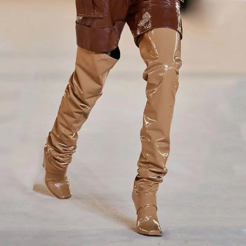 Arden Furtado Brown Patent Leather Tapered heel Over the knee boots Square-head Pleated Slip-on Fashion high heel Knight boots - Image 10