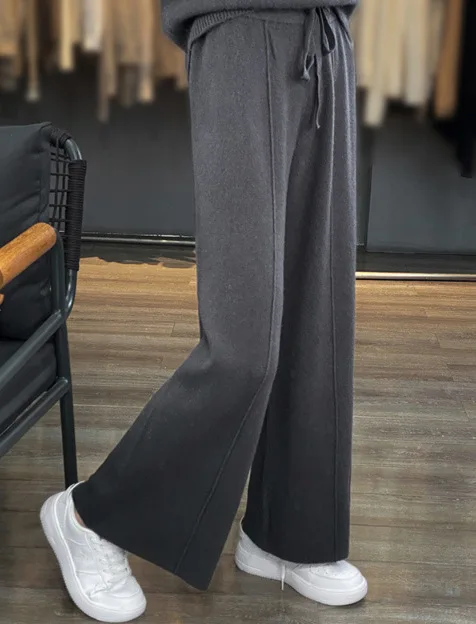 Women's High waisted warm knit wide leg straight leg pants for women, solid color loose wide leg pants - Image 5