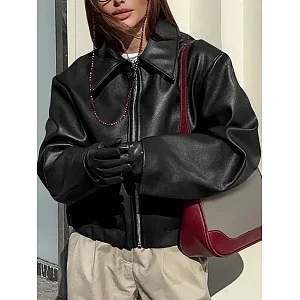 Wine Red Faux Leather Jakcet Fashion Outerwear Thicken Zipper Lapel Pu Coats Autumn Winter Streetwear Ladies Tops Women