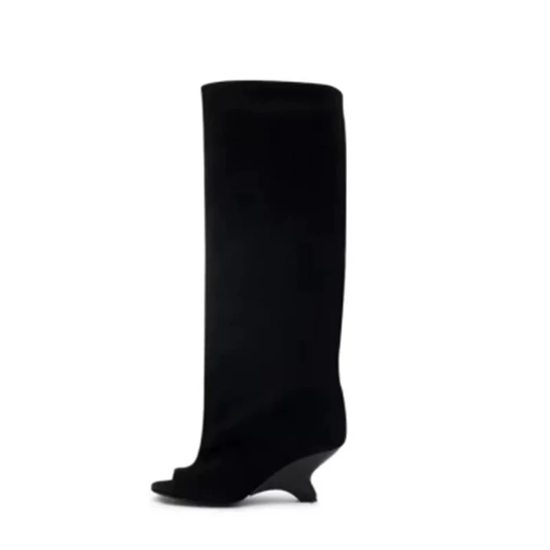 2025 High-quality Peep Toe Women's Knee High Boots Round Toe Wedges Suede Woman Long Boots Party Wedding Versatile Female Shoes - Image 2