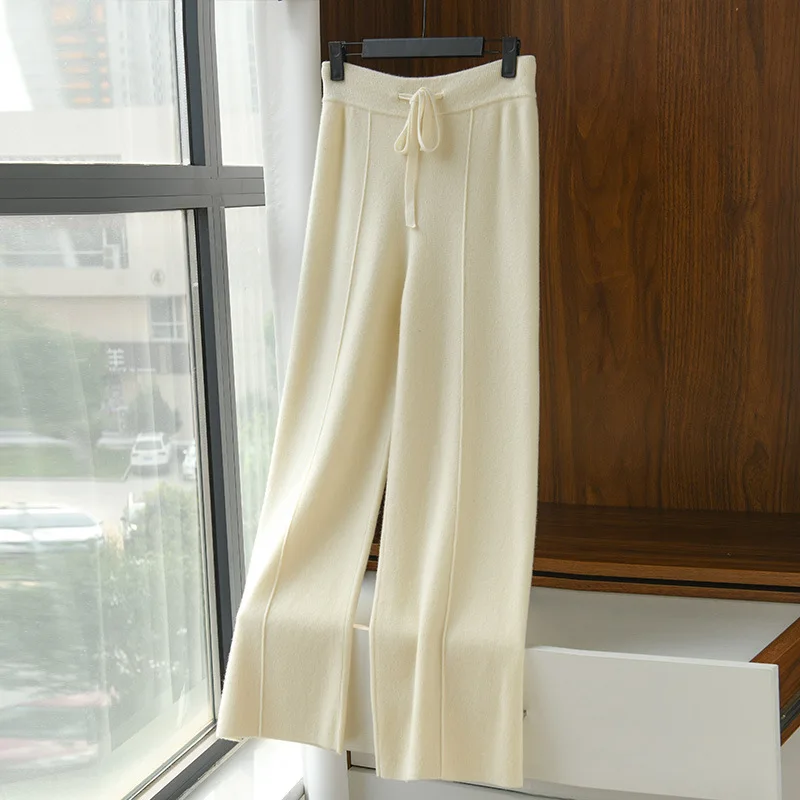 Women's High waisted warm knit wide leg straight leg pants for women, solid color loose wide leg pants - Image 7