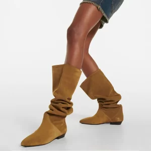 Arden Furtado Cow suede Large tubular Pleated Knee high boots Pointed toe Slip-on Middle heel Modern Knight boots large size