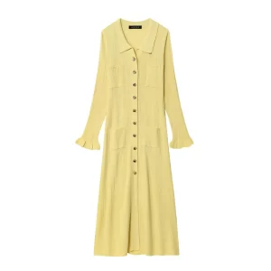 Women French Knitted Dress Autumn Women'S Clothing New Arrival Fashion Long Knit Skirt Elegance Single-Breasted Long-Sleeve Dres