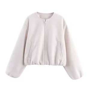 Women Fashion Short Jacket Coat Autumn And Winter New Retro O-Neck Long Sleeve Jacket Elastic Hem Zipper Soft Women'S Outerwear
