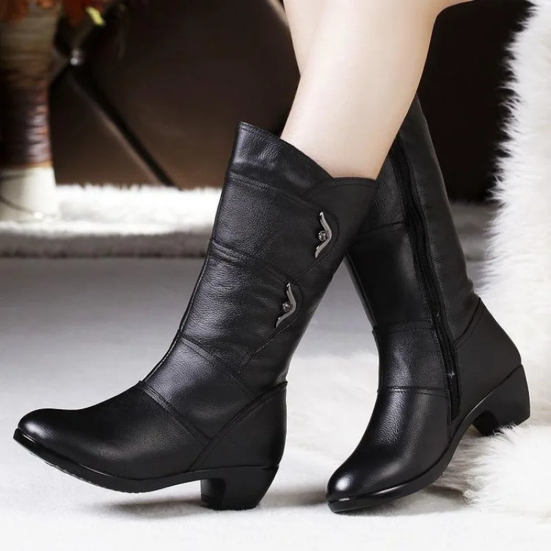 New Winter Elegant Fashion Chunky Mid-calf Boots Round Head Sexy Comfortable Side Zipper Fashion Women's Knight Boots - Image 3