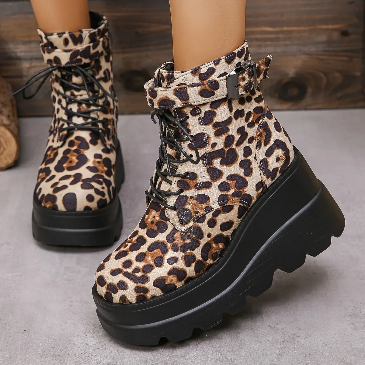 2024 Ladies Shoes Large Size Ankle Women's Boots High Heel Modern Boots Women Leopard Side Zip Front Lace-up Wedge Female Shoes - Image 6