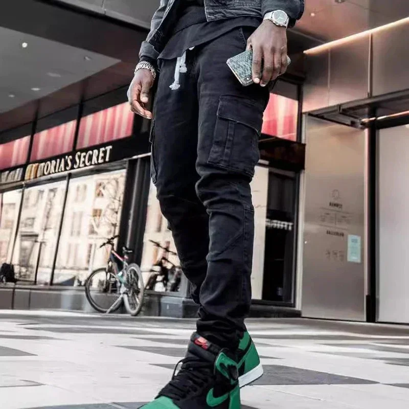 Men Street Elastic Denim Jeans Wash Solid Color Multi Pockets Cargo Pants Casual Slim Fit Daily Wear Joggers Mid Waist Trousers - Image 6
