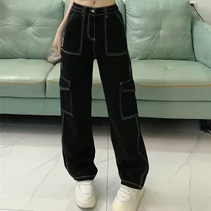 2024 Women Retro Streetwear High Waisted Denim Pants Lady Baggy Straight Leg Wide Leg Pants Girls Fashion Casual Black Trousers