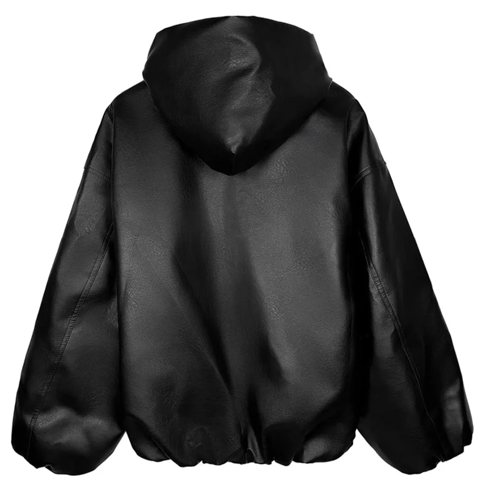 High Street Black Color Pu Leather WIndbreaker Coat Mens and Women Cleanfit Casual Loose Zipper Hooded Jackets Oversized - Image 3