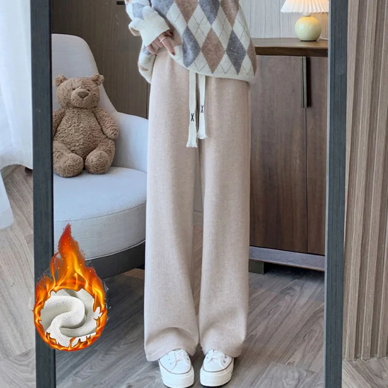 Winter Lady High Waisted Fleece Pants Girls Warm Thermal Straight Leg Trousers Female Classic Solid Drawstring Pants - Image 5
