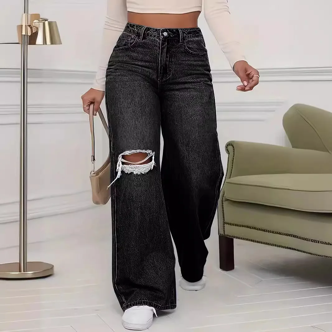 Washed Personality Hole Loose High Waist Denim Wide-leg Pants,Women's Four Seasons New Classic Fashion Casual Floor-length Jeans - Image 3