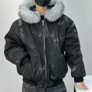 Winter men's cotton jacket with fur collar eagle embroidery and tie-dye design outdoor style jacket thickens and comfortable
