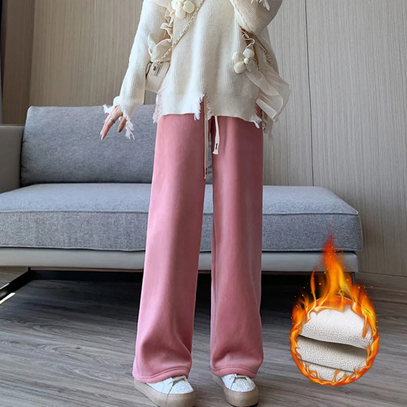 Winter Women Fleece Wide Leg Long Pants Thicken Warm Winter Stright Long Elastic Waist Trousers Casual Loose Female Botton Pants - Image 2