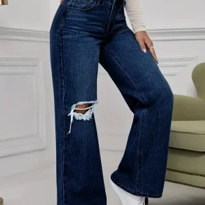 Washed Personality Hole Loose High Waist Denim Wide-leg Pants,Women's Four Seasons New Classic Fashion Casual Floor-length Jeans