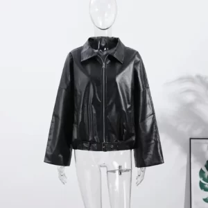 Street PU Leather Loose Jacket Women Fashion Solid Full Sleeve Stand Collar Single Breasted Coats Female 2025 Autumn Lady Coat
