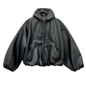 High Street Black Color Pu Leather WIndbreaker Coat Mens and Women Cleanfit Casual Loose Zipper Hooded Jackets Oversized